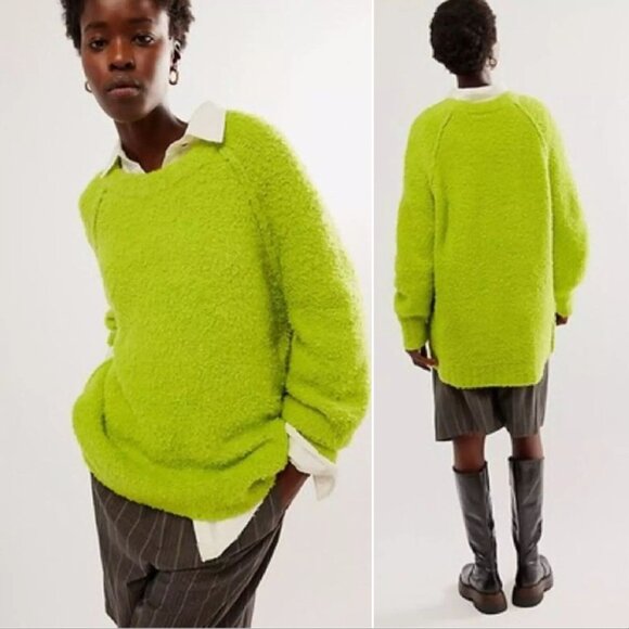 FREE PEOPLE Teddy Sweater Tunic Size L Oversized Lime Green Wool Blend Fuzzy NEW - Picture 4 of 12